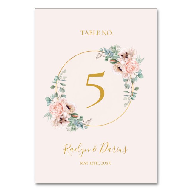 Elegant Blush Floral | Pastel Table Number (Front)