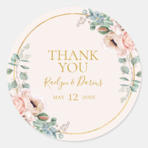 Elegant Blush Floral   Pastel Thank You Favour Classic Round Sticker