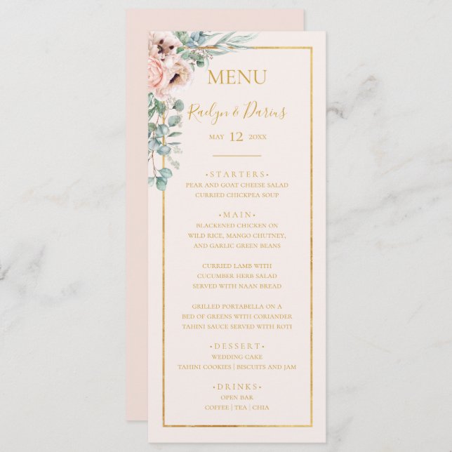 Elegant Blush Floral | Pastel Wedding Dinner Menu (Front/Back)
