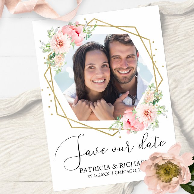 Elegant Blush Floral Photo Wedding Save the Date Invitation (Creator Uploaded)
