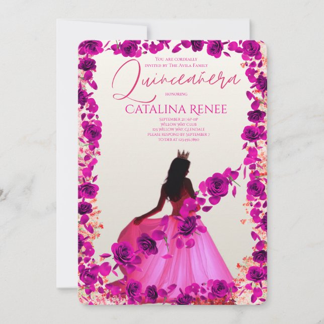 Elegant Blush Floral Quinceañera Invitation (Front)