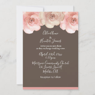 Elegant Blush Floral Rose Brown Simple Wedding Invitation
