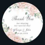 Elegant Blush Floral Rose Gold Wedding Bridal Classic Round Sticker<br><div class="desc">Personalise these elegant floral round stickers easily and quickly. Simply click the customise it further button to edit the texts,  change fonts and fonts colours. Featuring beautiful blush roses floral,  delicate greenery and rose gold elements. Matching items available in store. (c) Somerset Fine Paperie</div>