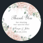 Elegant Blush Floral Rose Gold Wedding Bridal Classic Round Sticker<br><div class="desc">Personalise these elegant floral round stickers easily and quickly. Simply click the customise it further button to edit the texts,  change fonts and fonts colours. Featuring beautiful blush roses floral,  delicate greenery and rose gold elements. Matching items available in store. (c) Somerset Fine Paperie</div>
