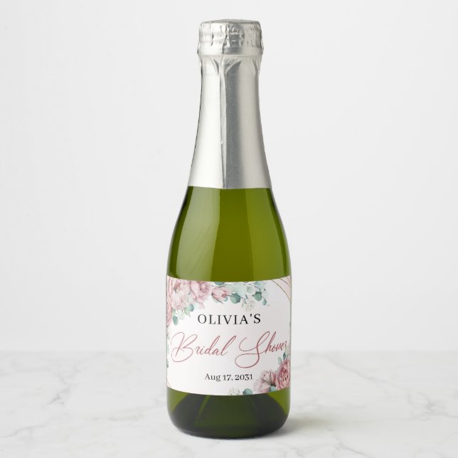 Elegant blush floral roses eucalyptus gold frame sparkling wine label (Front)