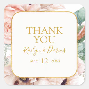 Elegant Blush Floral   Thank You Wedding Favour Square Sticker