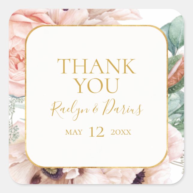 Elegant Blush Floral | Thank You Wedding Favour Square Sticker (Front)