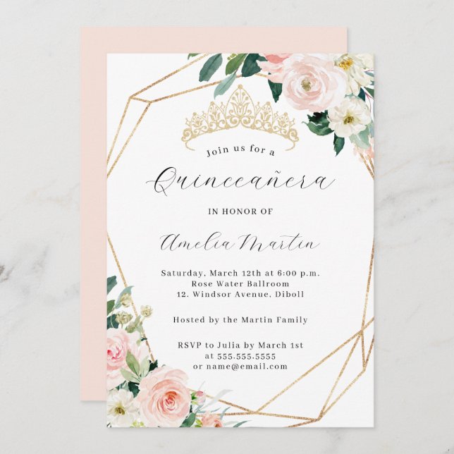Elegant Blush Floral Tiara Geometric Quinceanera  Invitation (Front/Back)