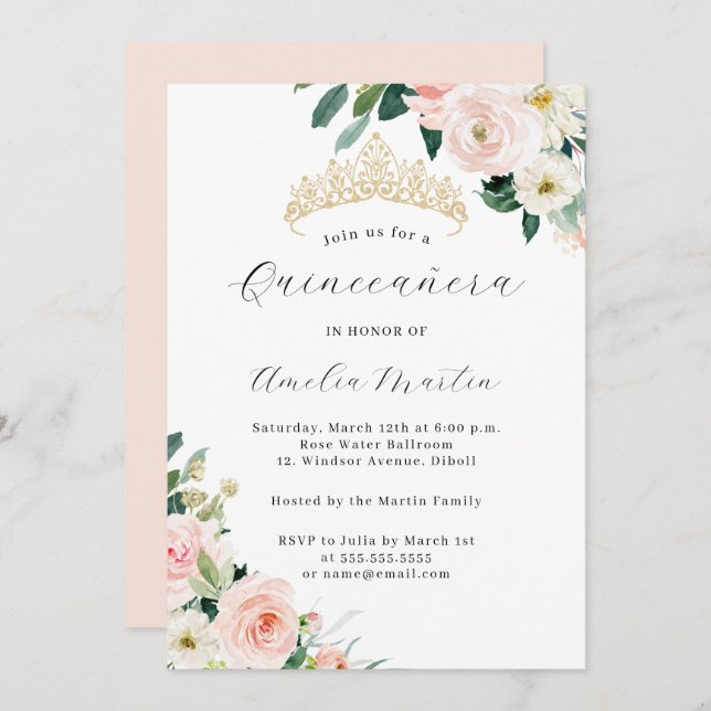 Elegant Blush Floral Tiara Quinceanera  Invitation (Front/Back)