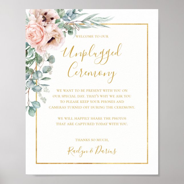 Elegant Blush Floral | Unplugged Ceremony Sign (Front)