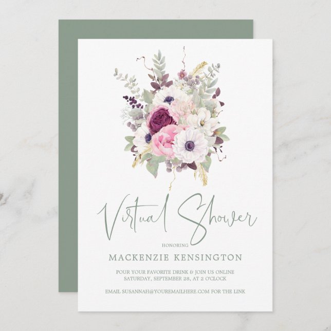 Elegant Blush Floral Virtual Bridal Shower Invitation (Front/Back)