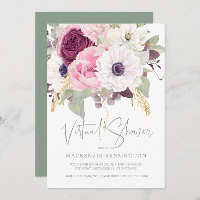 Elegant Blush Floral Virtual Bridal Shower Invitation (Front/Back)
