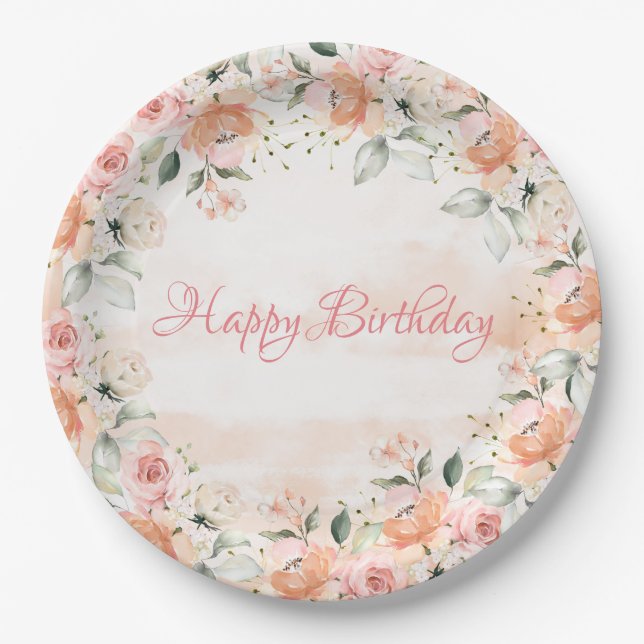Elegant Blush Floral Watercolor Script Birthday Paper Plate (Front)
