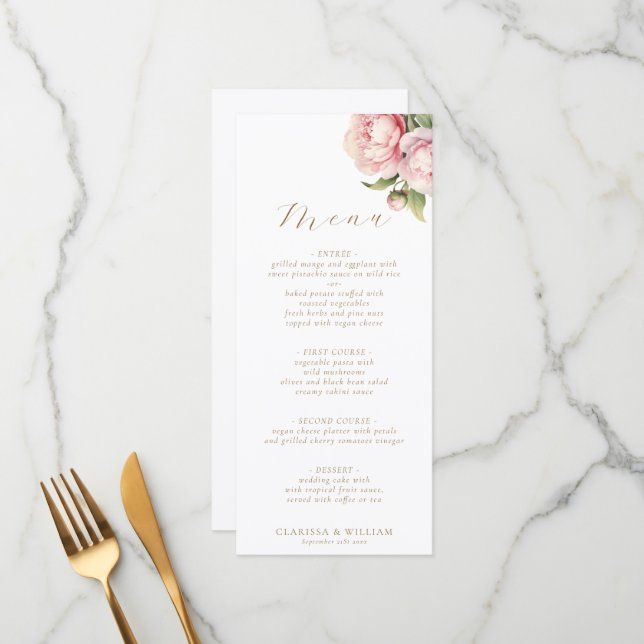 Elegant Blush Floral Watercolor White Wedding Menu (Front/Back In Situ)