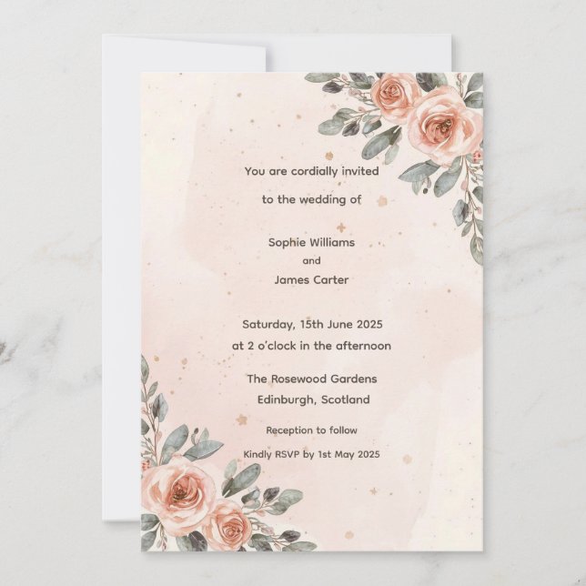 Elegant Blush Floral Watercolour Wedding Invitation (Front)