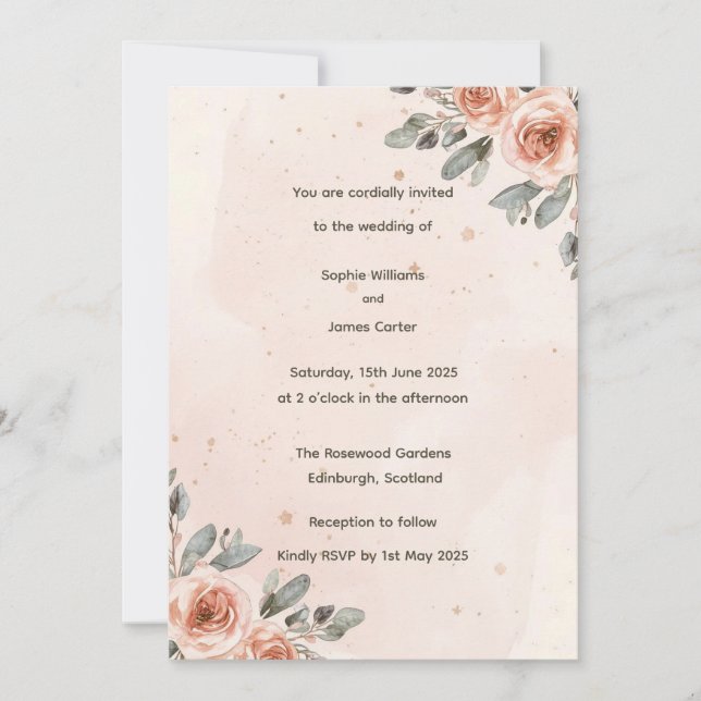 Elegant Blush Floral Watercolour Wedding Invitation (Front)