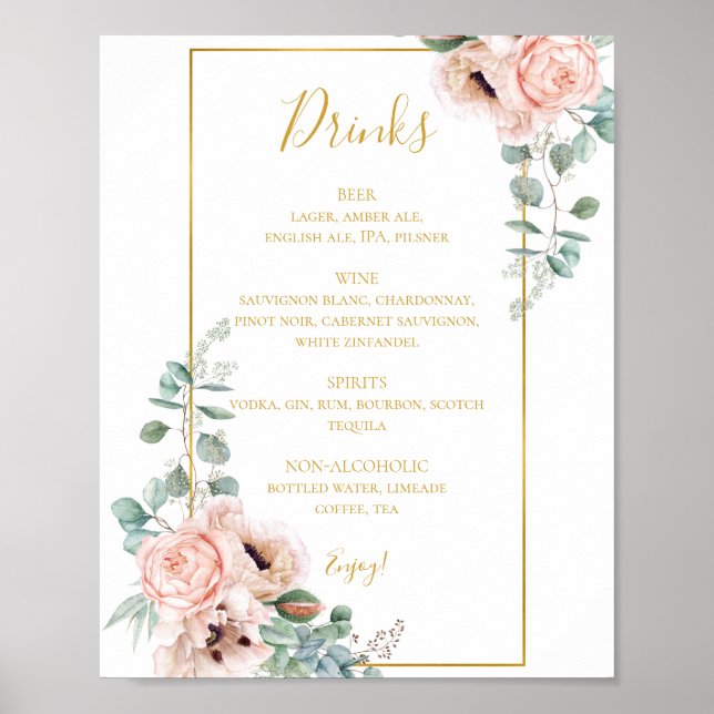 Elegant Blush Floral | Wedding Drinks Menu sign (Front)