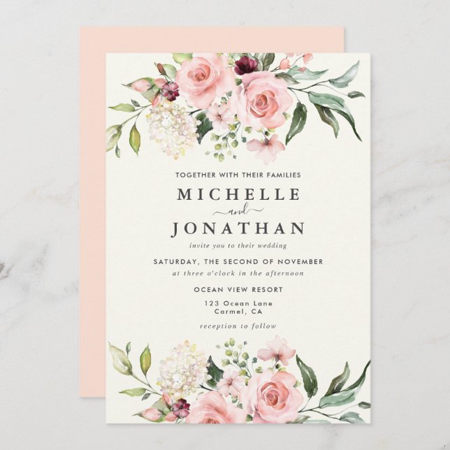 Elegant Blush Floral Wedding Invitation - Cream (Front/Back)