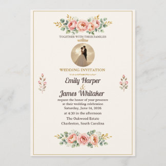 Elegant Blush Floral Wedding Invitation with Photo