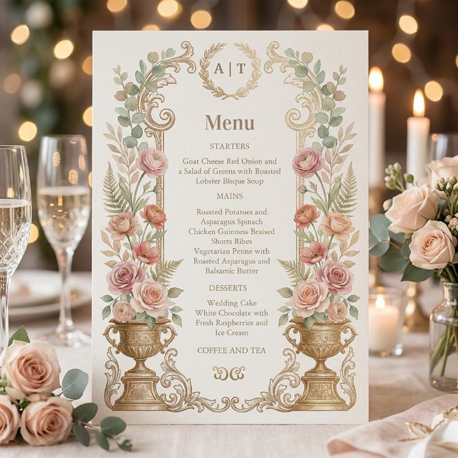Elegant Blush Floral Wedding Menu Invitation (Elegant Blush Floral Wedding menu #vintagefantasymagicalwhimsicaldreamy #elegantpaintedwater)