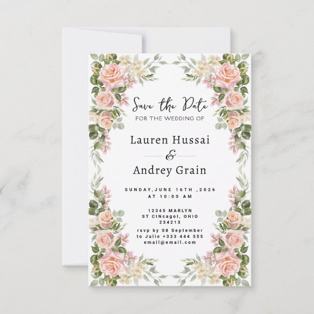 Elegant Blush Floral Wedding Save the Date (Front)