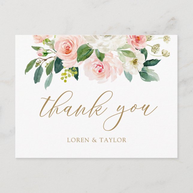 Elegant Blush Floral Wedding Thank Your Postcard (Front)