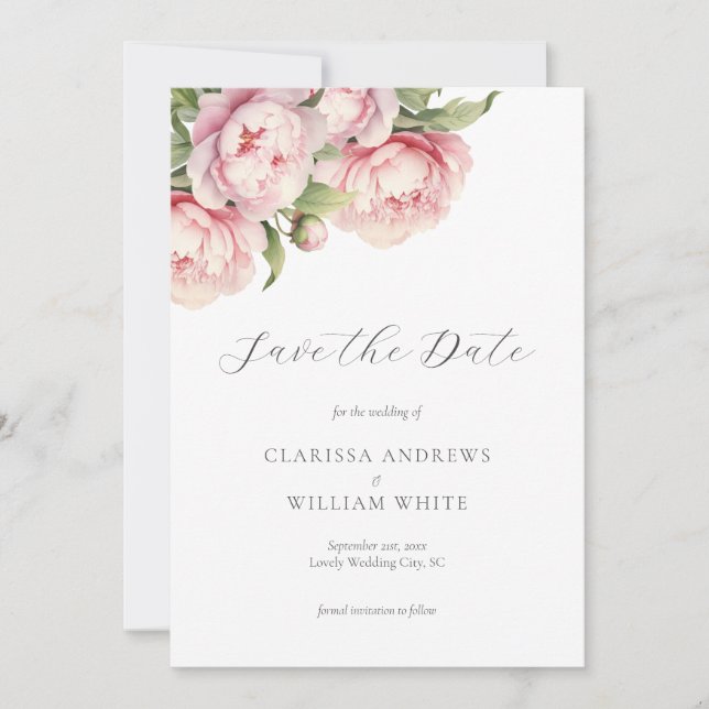 Elegant Blush Floral White Modern Wedding Save The Date (Front)