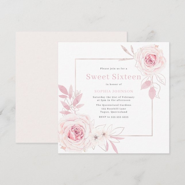 Elegant Blush Floral Wreath Frame Sweet 16 Sixteen Invitation (Front/Back)