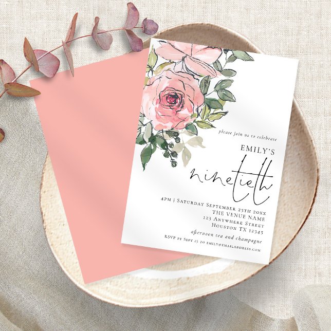 Elegant Blush Florals Ninetieth Birthday Party Invitation (Creator Uploaded)
