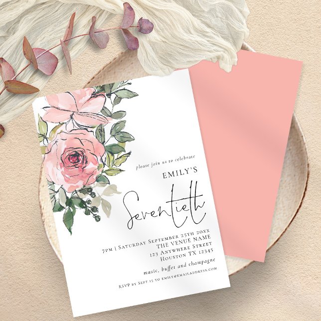 Elegant Blush Florals Seventieth Birthday Party Invitation (Creator Uploaded)