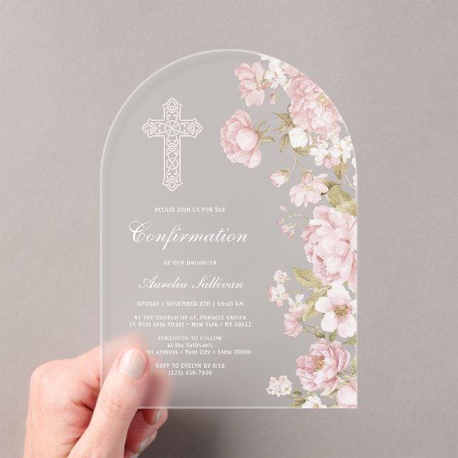 Elegant Blush Flowers Arch Confirmation Acrylic Invitations (Insitu (Handheld))