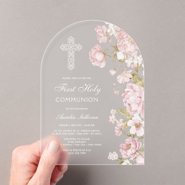 Elegant Blush Flowers Arch First Communion Acrylic Invitations (Insitu (Handheld))