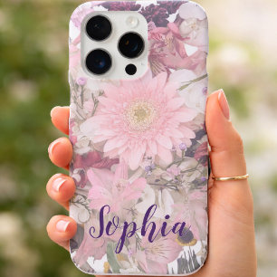 Elegant Blush Flowers Custom Name Soft Floral  iPhone 16 Pro Case