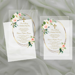 Elegant Blush Flowers Gold First Holy Communion Acrylic Invitations