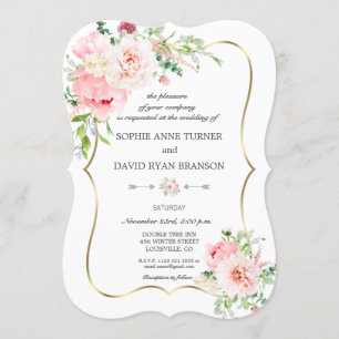 Elegant Blush Flowers Gold Geometric Wedding Invitation