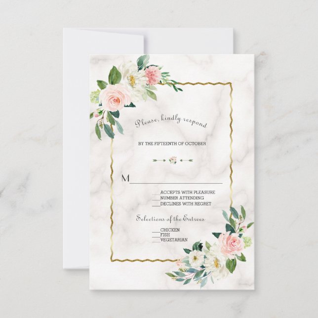 Elegant Blush Flowers Gold Marble Wedding RSVP Card (Front)
