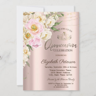 Elegant Blush Flowers Rose Gold Quinceañera Invitation