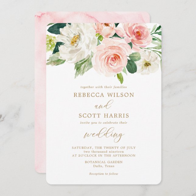 Elegant Blush Flowers Watercolor Spring Wedding Invitation (Front/Back)