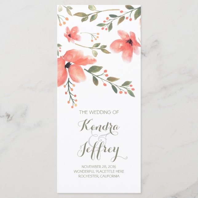 Elegant Blush Flowers Watercolor Wedding Programs (Front)