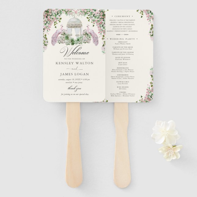Elegant Blush Garden Wedding Program Hand Fan (Front and Back)