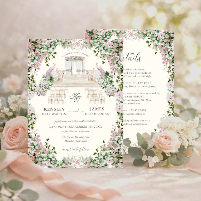 Elegant Blush Garden Wedding with Monogram  Invitation (Creator Uploaded)