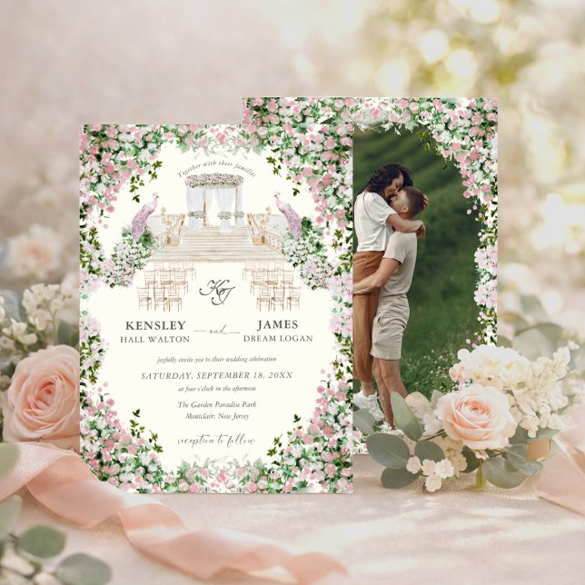 Elegant Blush Garden with Photo Wedding  Invitation (Creator Uploaded)