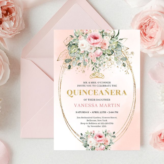 Elegant Blush & Gold Boho Quinceañera Floral Invit Invitation (Elegant Blush & Gold Boho Quinceañera Floral Invite)
