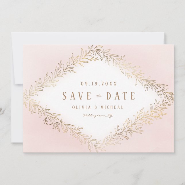 Elegant blush gold botanical foliage save the date (Front)