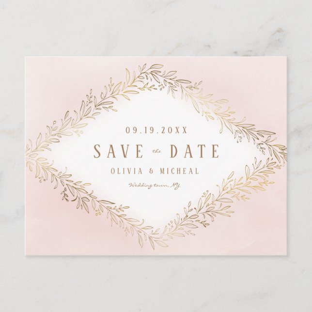 Elegant blush gold botanical foliage save the date announcement postcard (Front)