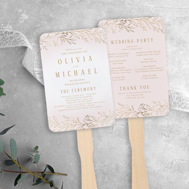 Elegant blush gold botanical wedding program hand fan (Elegant blush gold botanical wedding program hand fan)