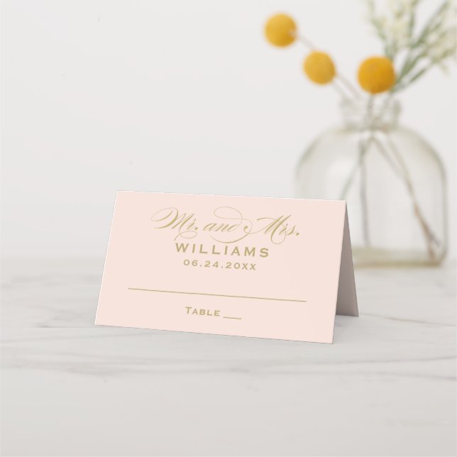 Elegant Blush Gold Calligraphy Mr Mrs Wedding Place Card (Front)