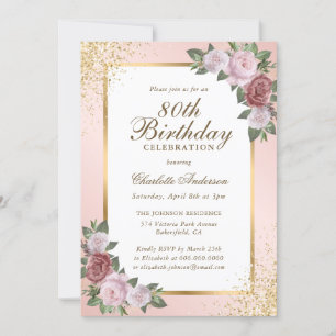 Elegant Blush Gold Confetti Floral 80th Birthday Invitation