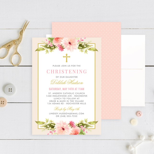 Elegant Blush Gold Floral Girl Christening Invitation (Creator Uploaded)
