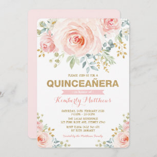 Elegant Blush Gold Floral Greenery Quinceañera Invitation